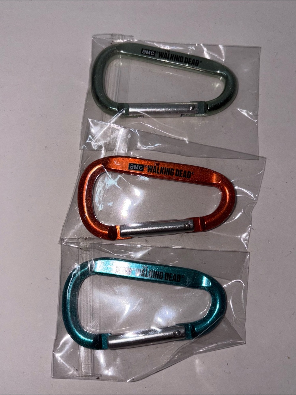AMC The Walking Dead Carabiner Clips Keychain Lot of 3 Blue Mint Rust Colors
